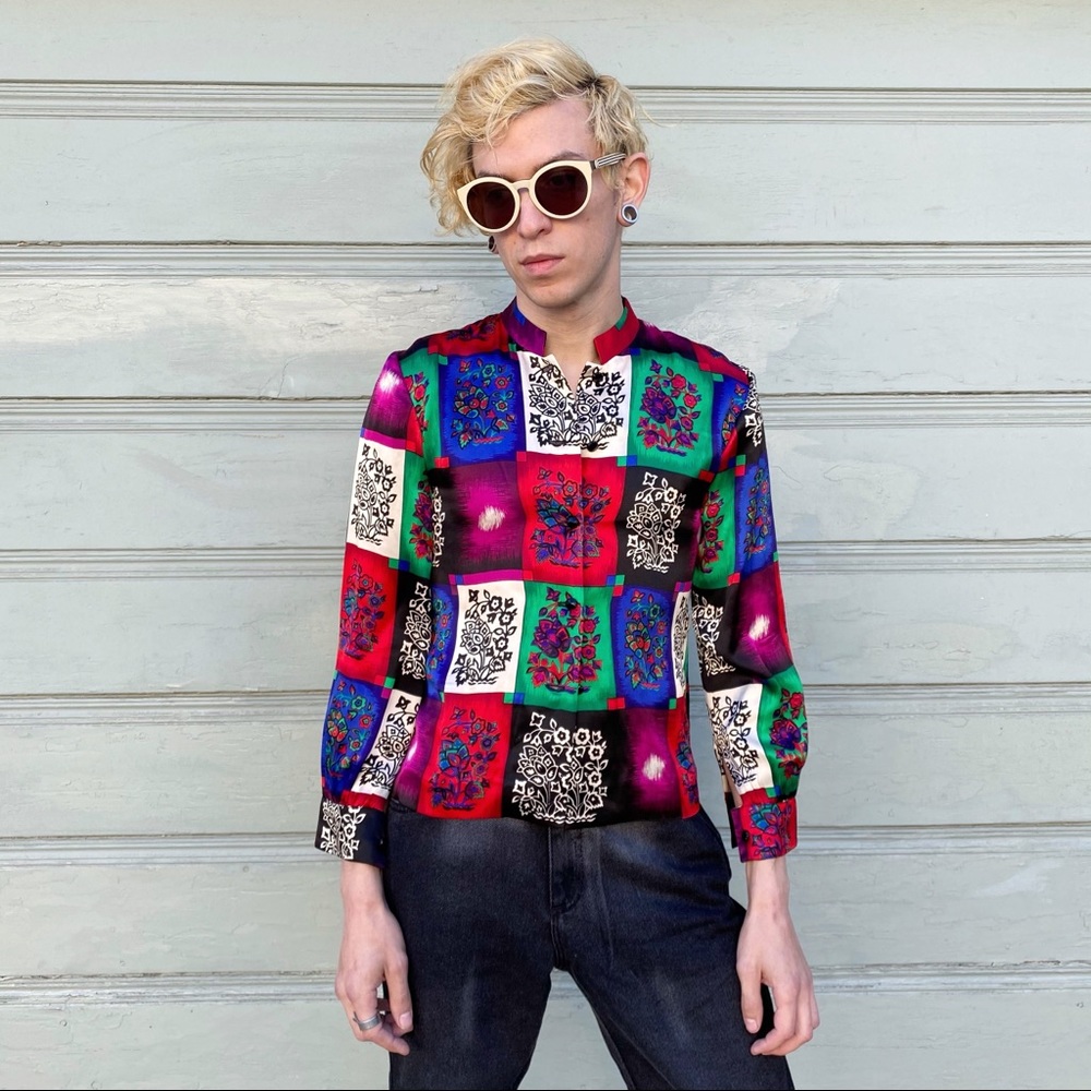 Vintage Silk Floral Color Block Blouse